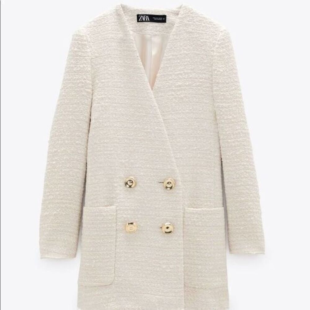 Zara textured double breast frock coat with long sleevess cream nwt